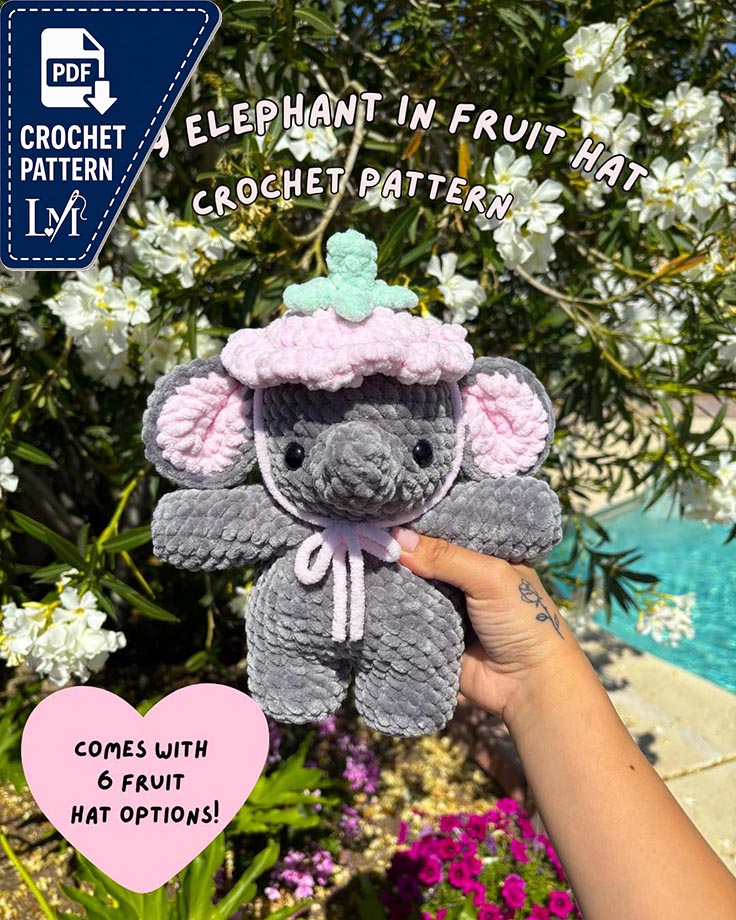 Baby Elephant in Fruit Hat Crochet Pattern