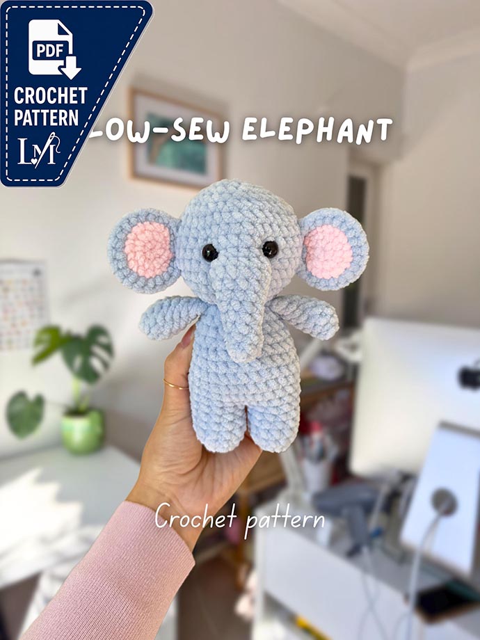 Low-Sew Baby Elephant Crochet Pattern | Cute Amigurumi Plushie Elephant Animal Digital Tutorial Download