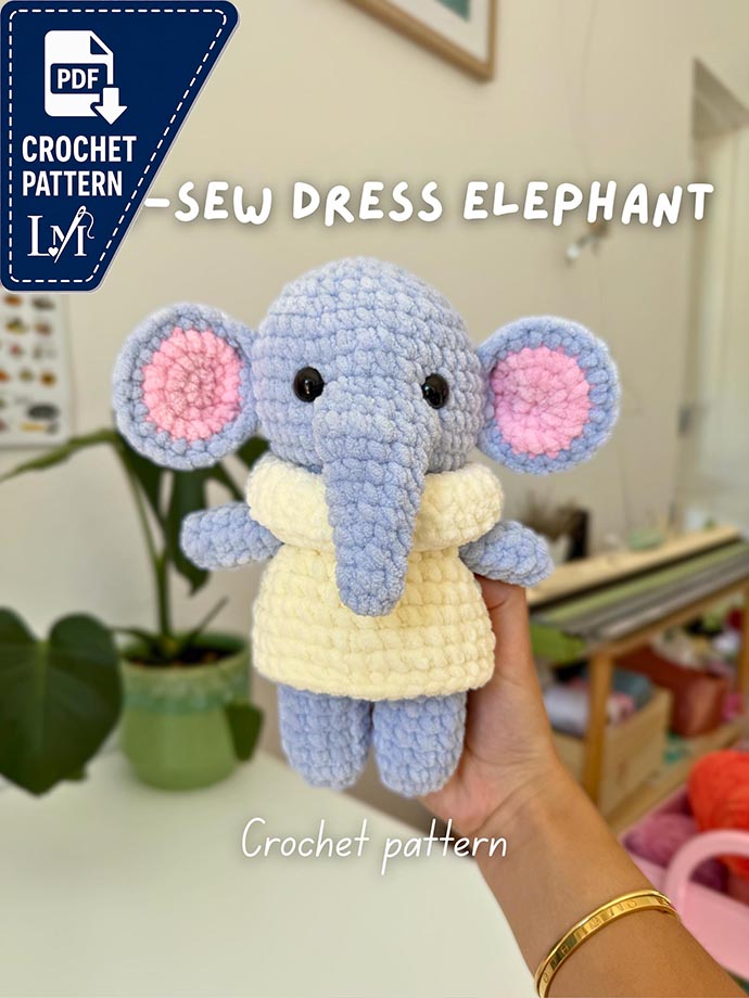 Low-Sew Baby Elephant in Sweater Dress Crochet Pattern | Cute Amigurumi Plushie Animal Digital Tutorial Download Bundle