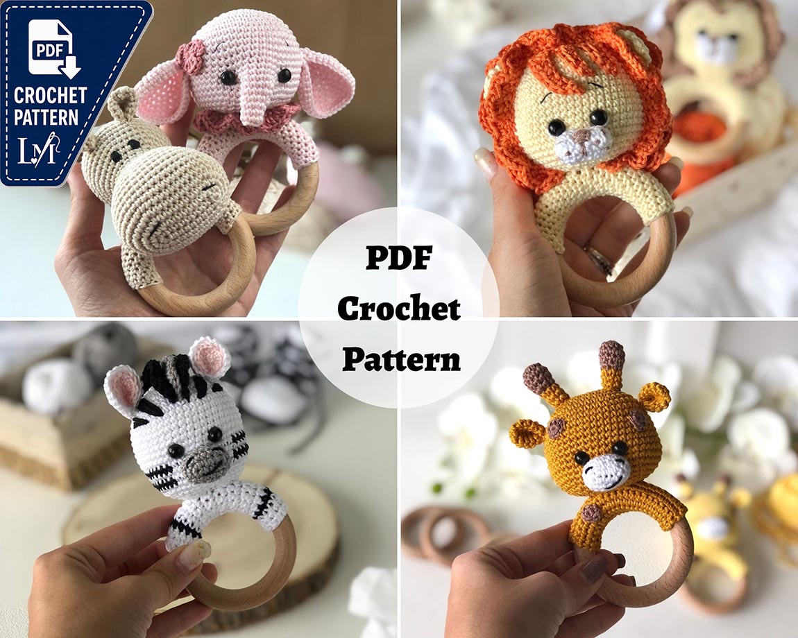 5IN1 crochet baby rattle patterns : Zebra, Lion, Giraffe, Elephant, Hippo | Safari animals amigurumi patterns, Baby rattle crochet animals