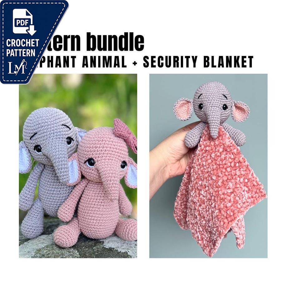 Elephant crochet pattern baby shower gift set, Crochet elephant toy, Elephant security blanket pattern, Newborn gift amigurumi PDF pattern