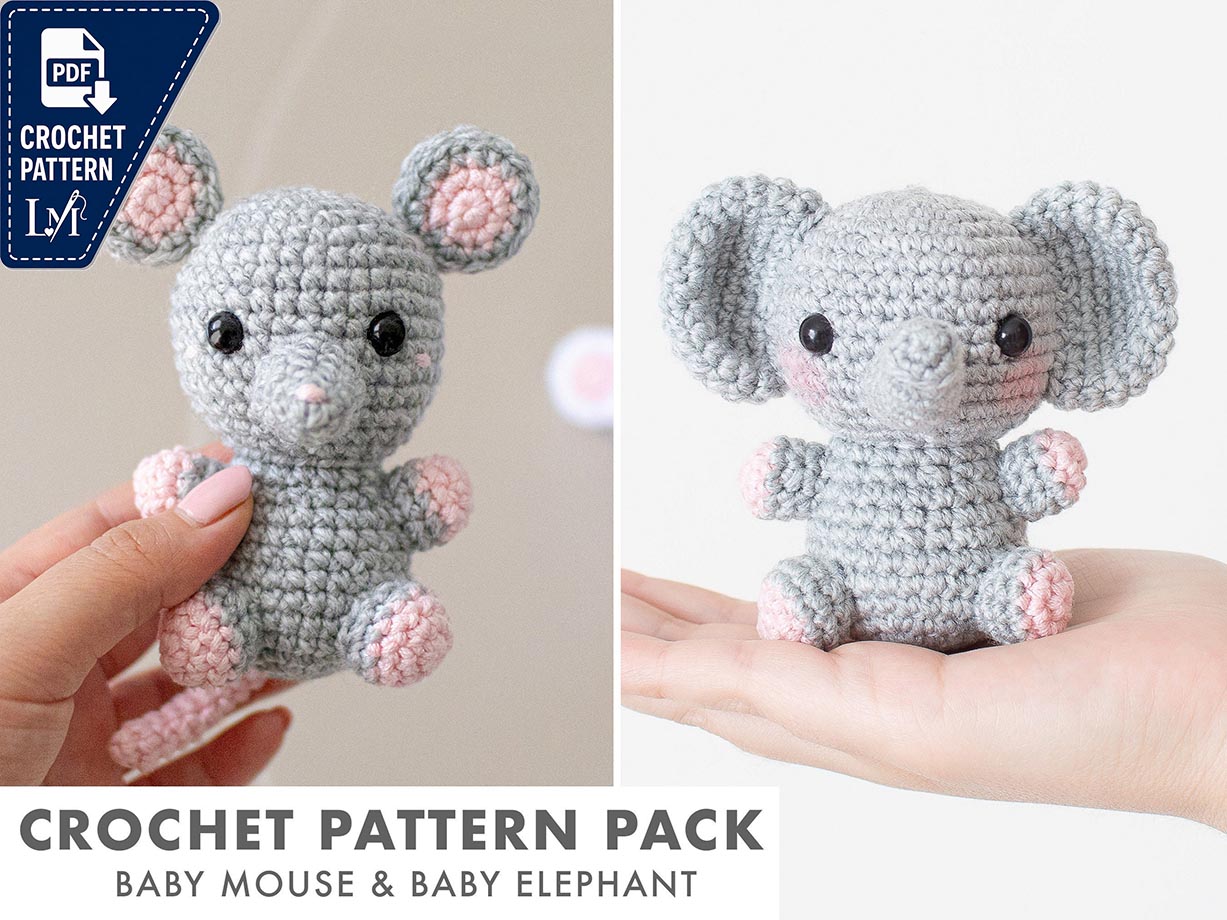 Crochet Pattern Pack - Baby #27 Elephant and Baby #37 Mouse - Pattern Bundle - Two Digital Crochet Patterns in English- Instant PDF Download