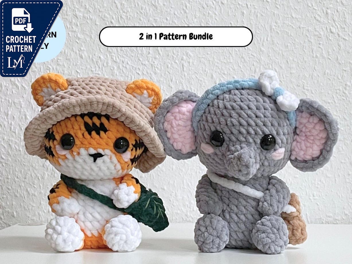 2 in 1 bundle | Baby tiger and elephant crochet pattern | animals with accessories | safari hat, leaf and peanut bags | Didisplushies