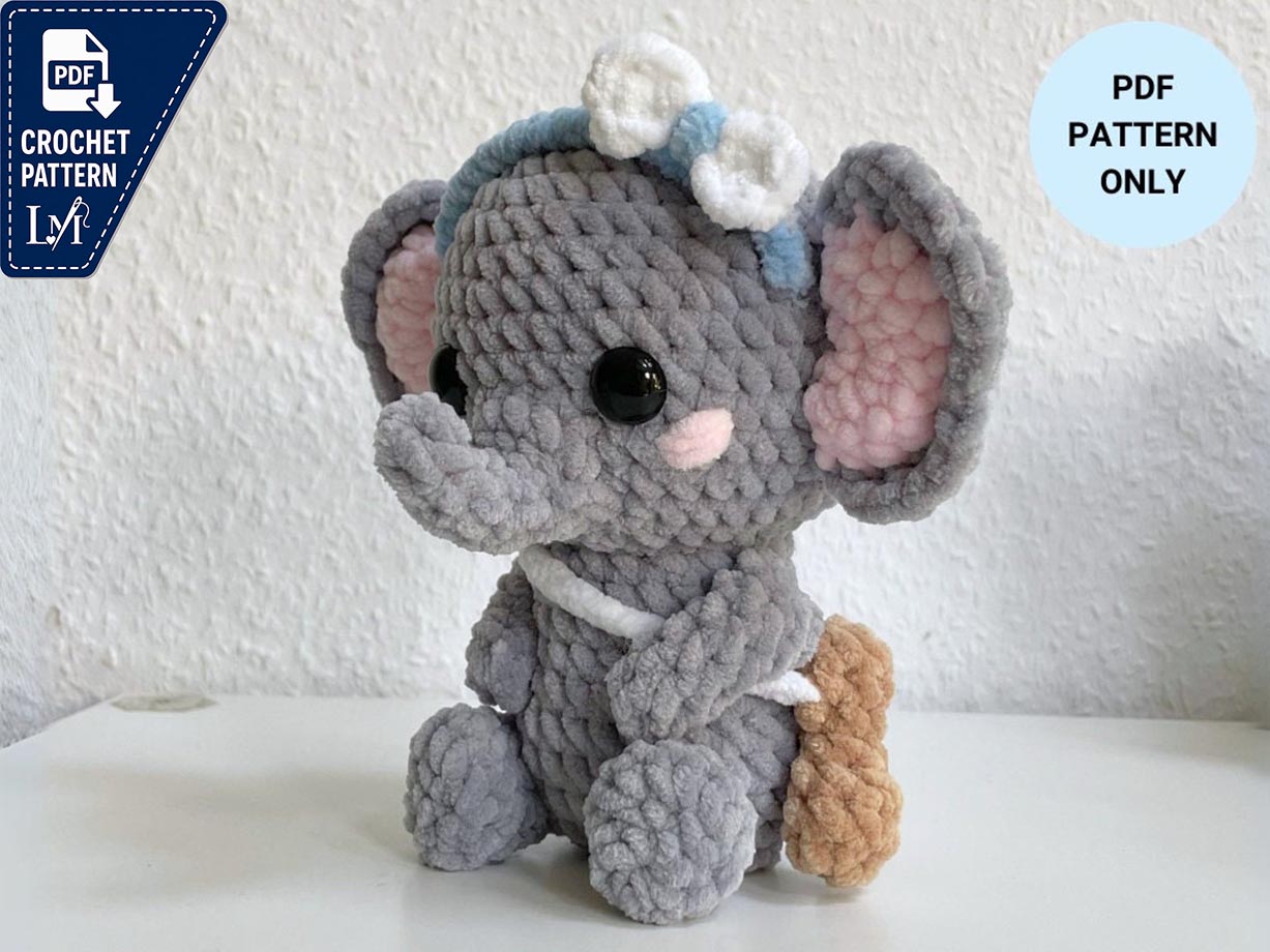Baby Elephant Crochet Pattern | cute elephant with bow headband and peanut bag | intermediate crochet pattern | amigurumi | Didisplushies