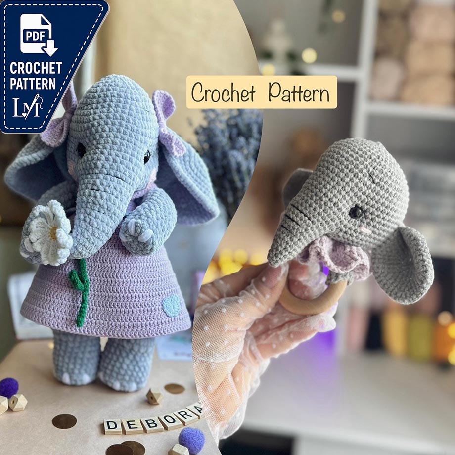 Elephant Crochet Pattern Set 2-in-1, Amigurumi Toy and Rattle Tutorial, Easy Elephant Crochet Pattern, Crochet Elephant Rattle, PDF English