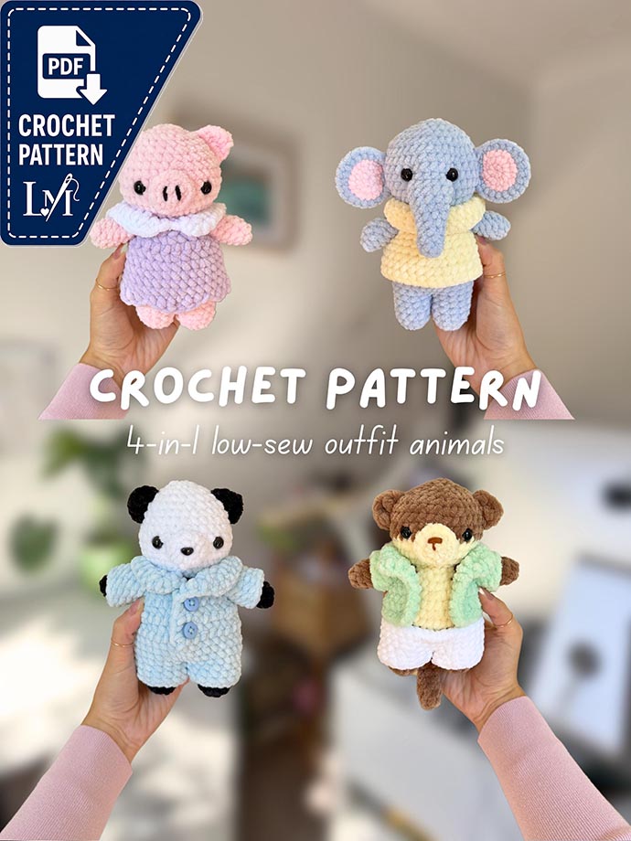 4-in-1 Low-Sew Chubby Outfit Animals Crochet Pattern | Amigurumi Pig, Otter, Elephant, and Panda Plushies Digital Tutorial Download Bundle