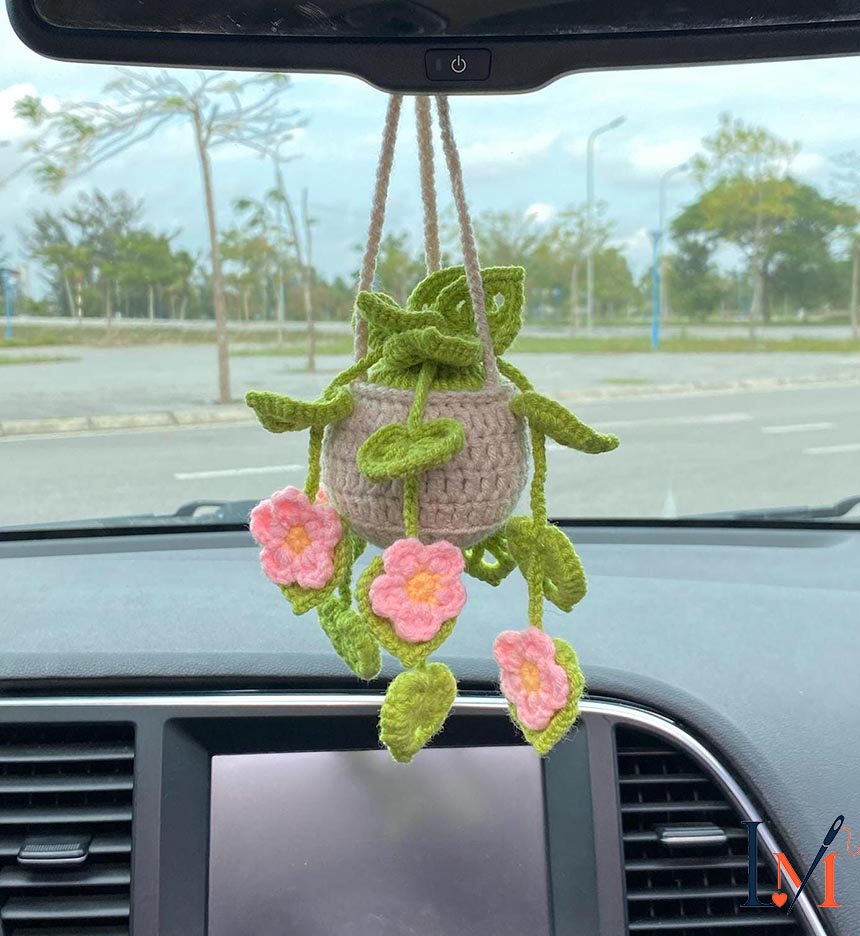 Crochet Car Hanging Monstera Plant Rearview Mirror Decoration Succulent Hanging Plant Car Accessory Gift for Mom Her Women Birthday Gift