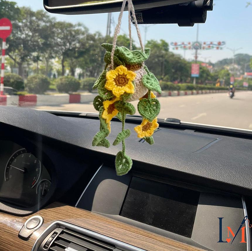 Crochet Monstera Plant Car Mirror Hanging, Plant Lover Decor, House Plant Decor, Crochet Sunflower Basket, Car Accessories For Women