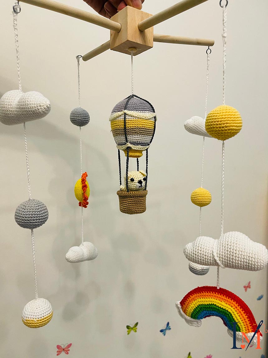 1 bear on wheels and 1 hot air balloon Handmade baby mobile, Amigurumi baby crib, Nursery decoration