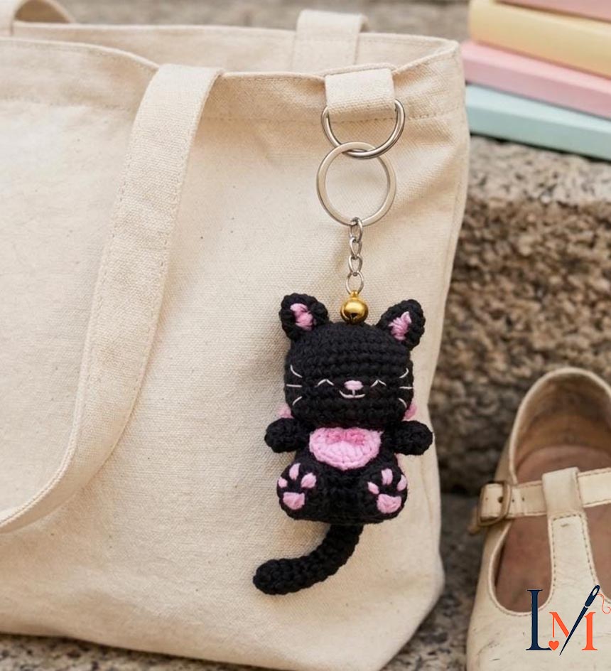 Black Cat Crochet Keychain, Handmade Amigurumi Cat Charm, Kawaii Black Kitty Plush, Cute Bag Charm, Crochet Animal Keychain, Goth Cat Gift