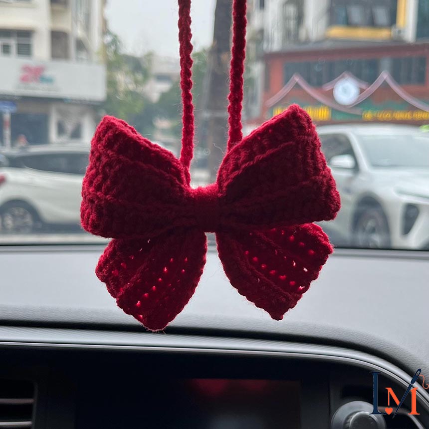 Crochet Bow Car Mirror Hanger, Handmade Cotton Car Charm