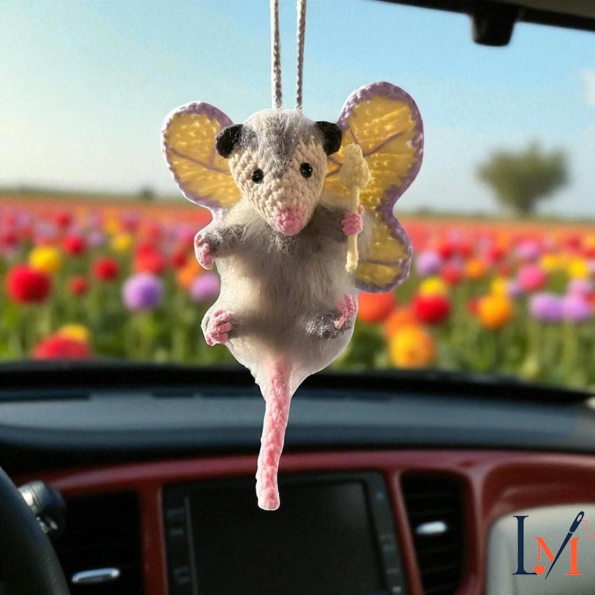 Crochet Fairy Possum Car Mirror Hanger, Handmade Car Charm