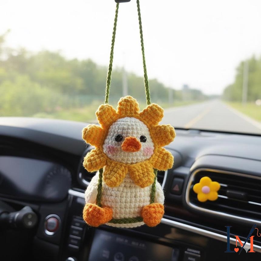 Crochet Flower Duck Car Hanging, Cute Duckling Amigurumi Mirror Charm, Plush Chick Car Accessory Gift for Him Her, Car Decor