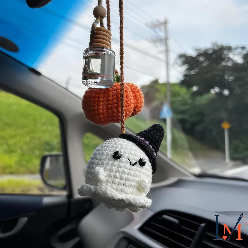 Crochet Ghost and Pumpkin Car Charm: Halloween Witch Hat Plushie