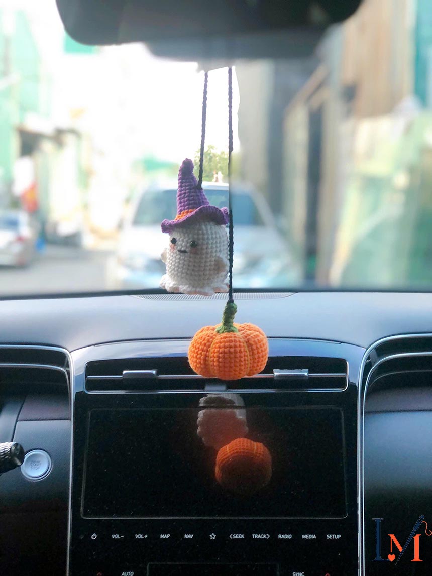Crochet Ghost and Pumpkin Car Hanger Handmade for Halloween 1