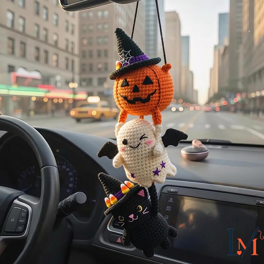 Crochet Halloween Car Mirror Hanger, Pumpkin Ghost Black Cat Witch Hat Amigurumi Charm, Cute Rearview Mirror Accessory, Car Decor Gift