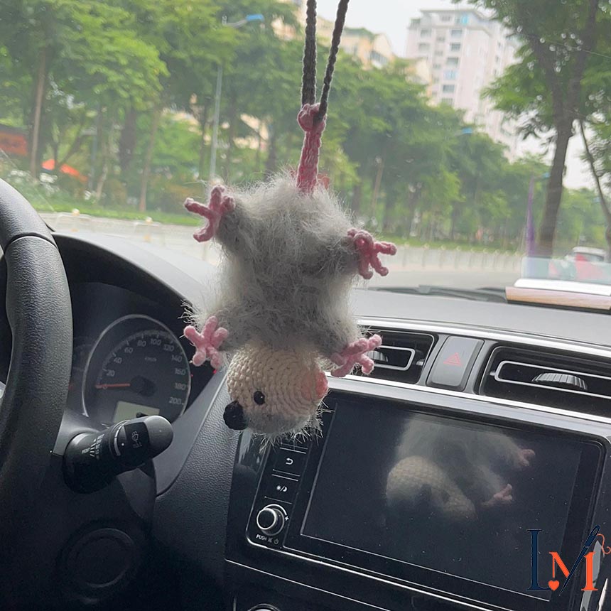 Crochet Opossum Car Charm: Handmade Cotton Car Mirror Ornament