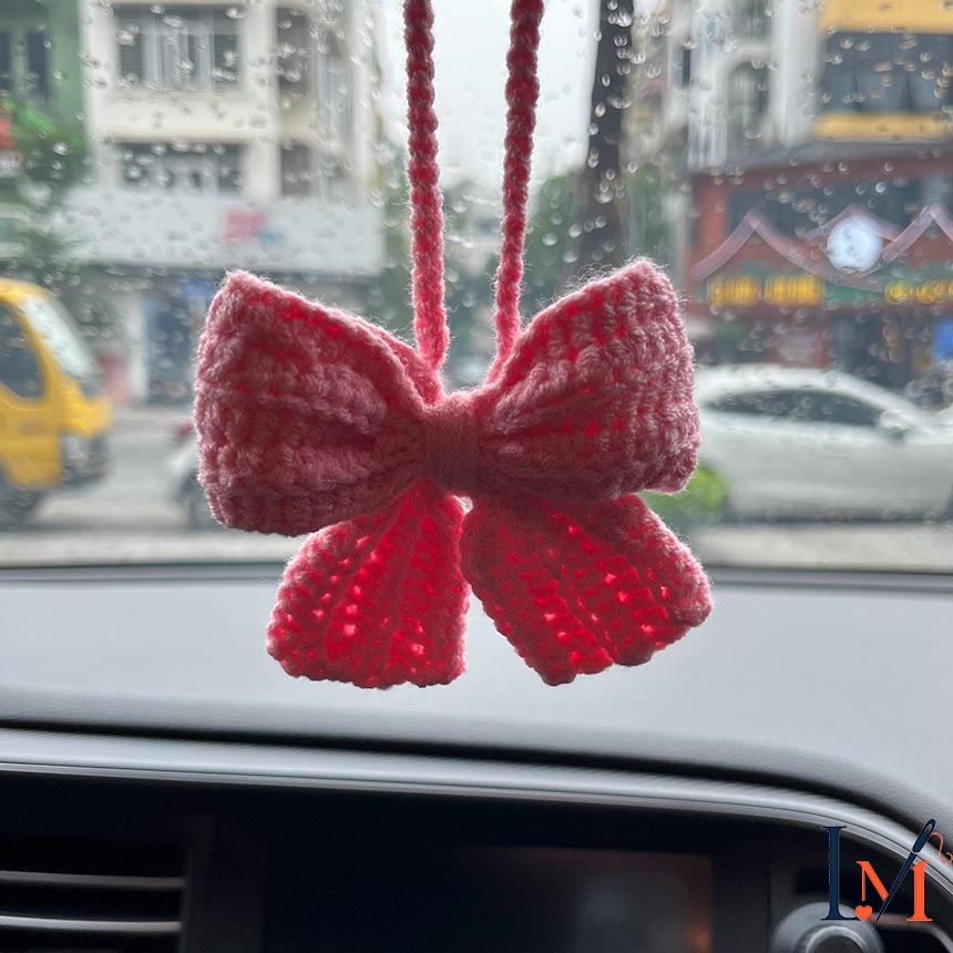 Crochet Pink Bow Car Mirror Hanger, Car Accessory,
