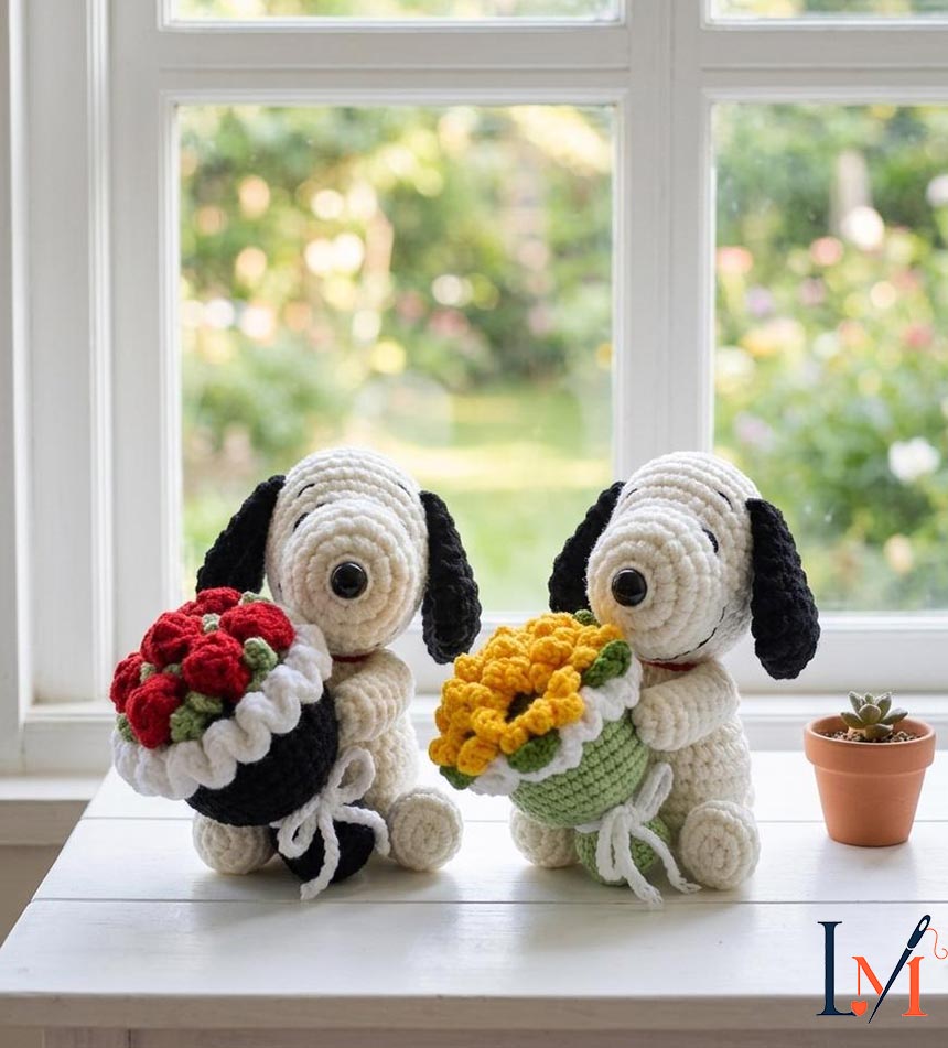 Crochet Snoop Hold Flower Bouquet, Handmade Amigurumi Dog Plush, Cute Snoop Inspired Doll, Crochet Flower Gift, Kawaii Desk Decor