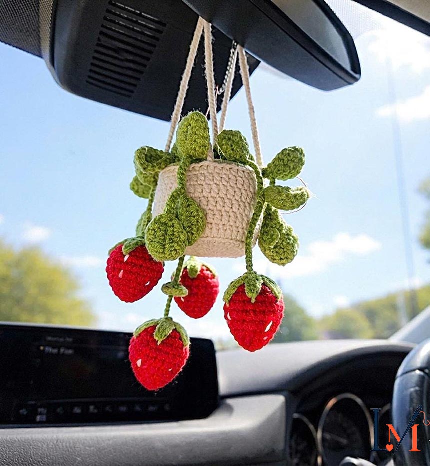 Strawberry Crochet Car Hanger Handmade for Gift and Car Decor
