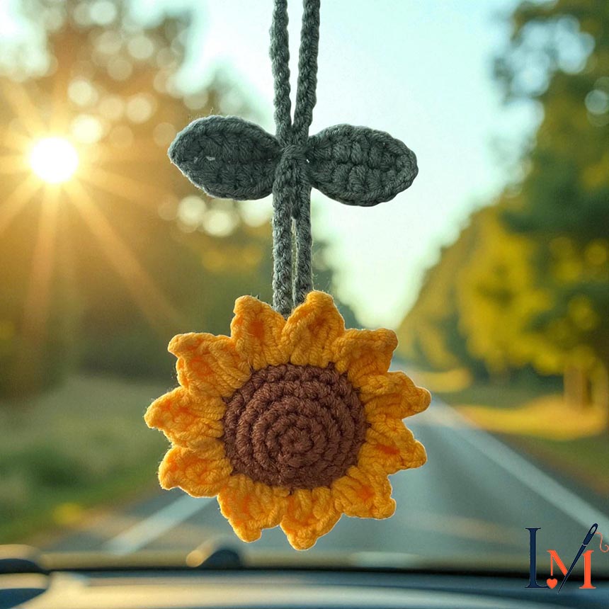 Crochet Sunflower Car Mirror Hanging, Handmade Cotton Car Charm