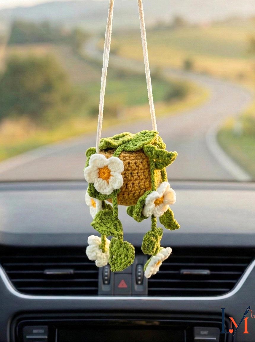 Crochet Daisy Car Hanger Handmade for Floral Gifts and Decor