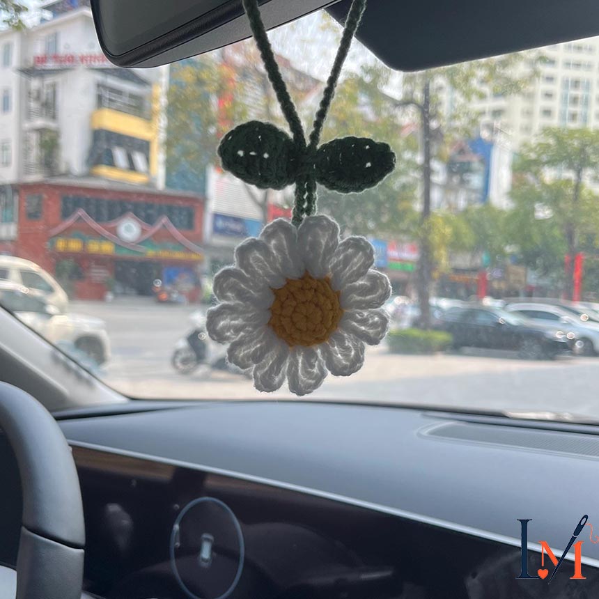 Crocheted Daisy Flower Car Mirror Hanger, Handmade Cotton Rearview Charm