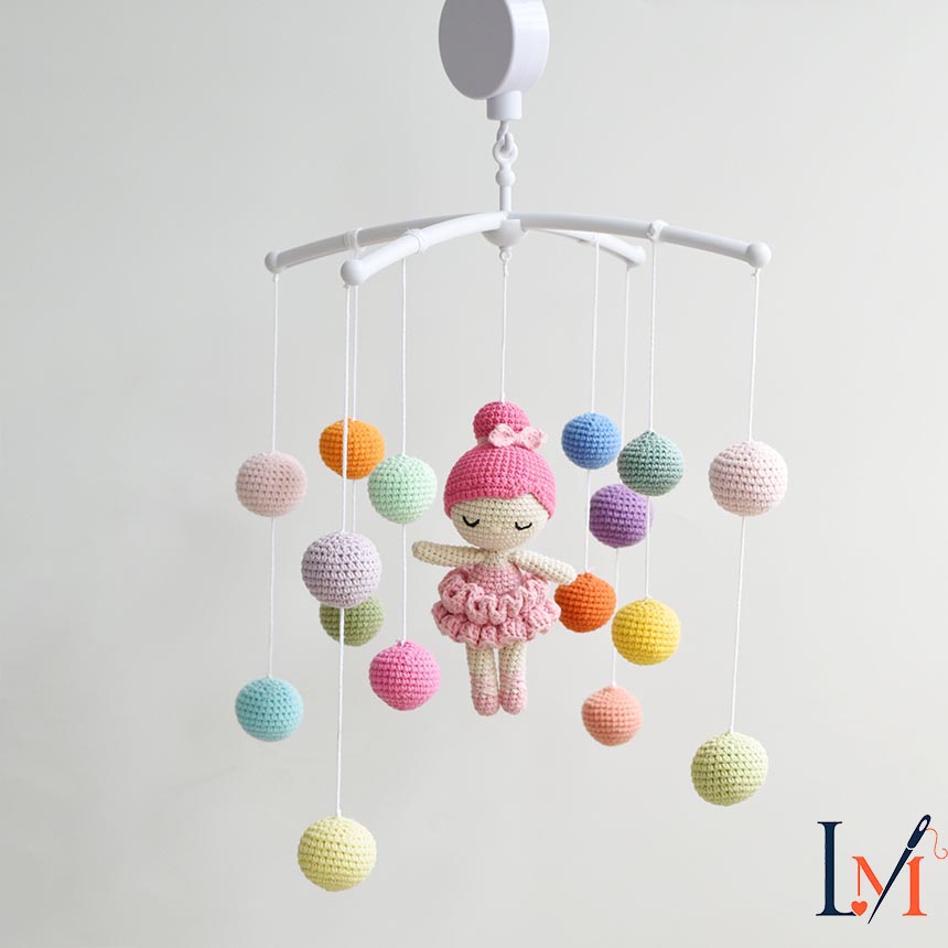 Cute Ballerina Crib Mobile Crochet With Multicolor Crochet Balls - Best Baby Shower Gift