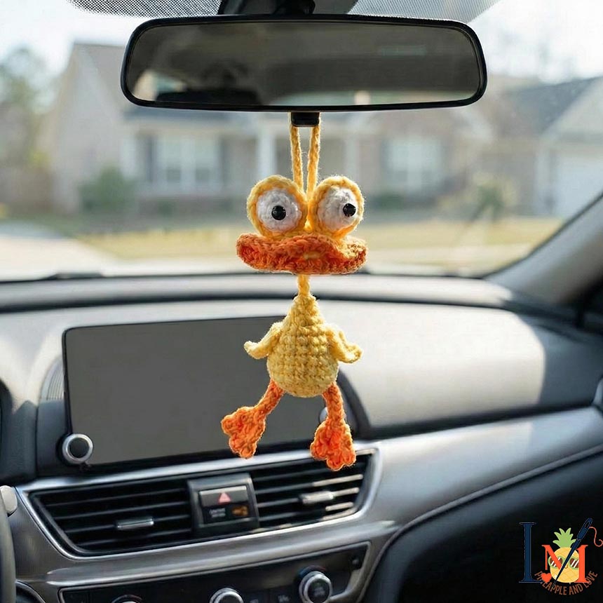 Handmade Goofy Long Neck Duck Crochet Car Hanging, Funny Rearview Ornament