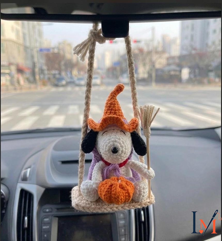 Halloween Puppy Car Hanging, Crochet Witch Dog Car Charm, Handmade Amigurumi Rearview Mirror Decor, Cute Pumpkin Fall Car Accessory