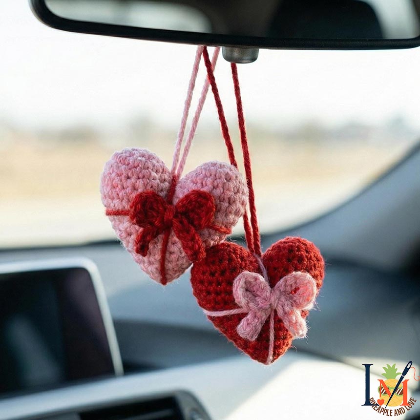 Handmade Double Heart Bow Crochet Car Hanging, Playful Valentine Gift Decor