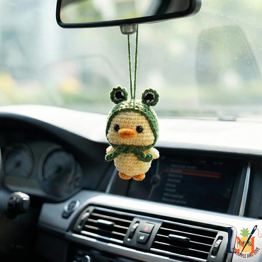 Handmade Duck Wearing a Frog Costume Crochet Car Hanging, Cute Animal Decor