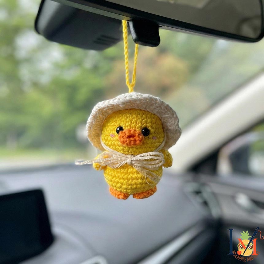 Handmade Duck Wearing a Straw Hat Crochet Car Hanging, Cute Farm Style Decor