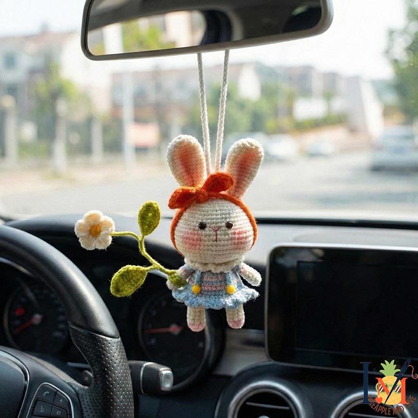 Handmade Floral Bunny Holding Daisy Crochet Car Hanging, Cute Spring Animal Decor