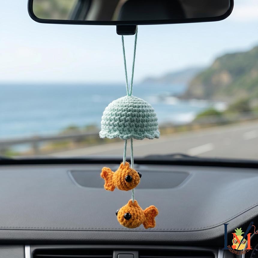 Handmade Jellyfish Goldfish Crochet Car Hanging, Ocean Journey Drive Charm
