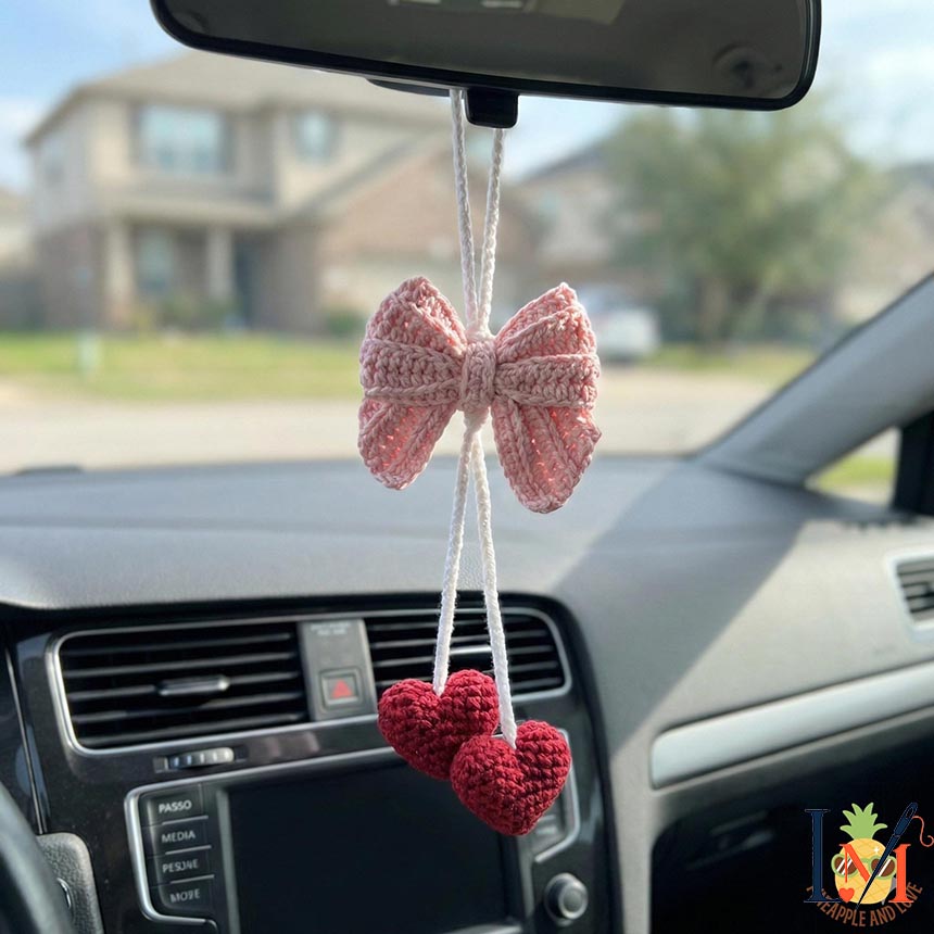 Handmade Pink Bow Double Heart Crochet Car Hanging, Romantic Cotton Yarn Love Gift