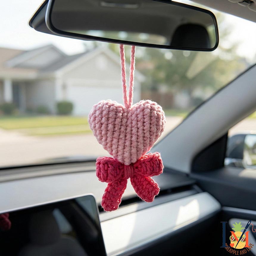 Handmade Pink Heart Bow Crochet Car Hanging, Soft Amigurumi Love Character