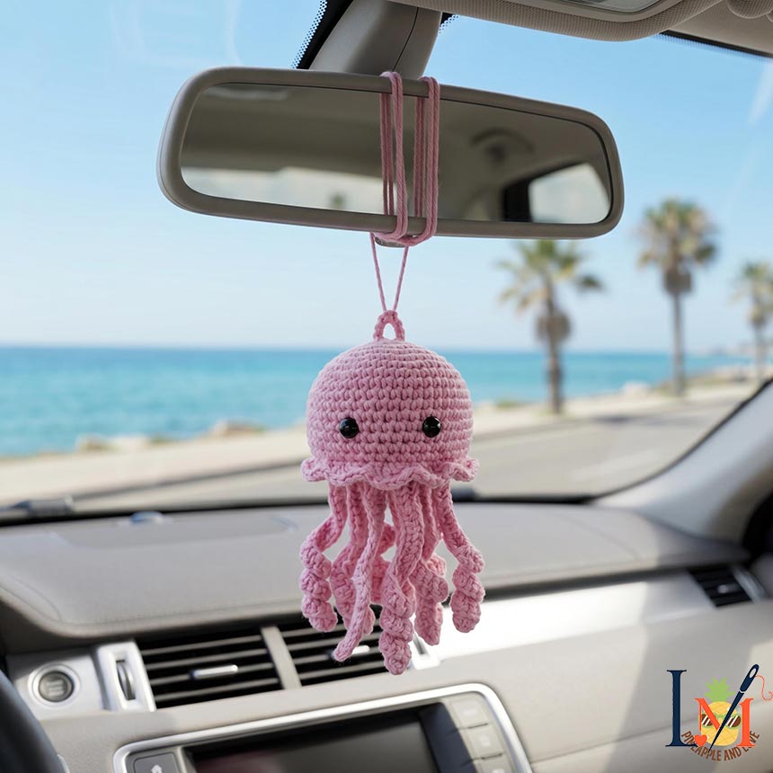 Handmade Pink Jellyfish Crochet Car Hanging, Coastal Road Charm