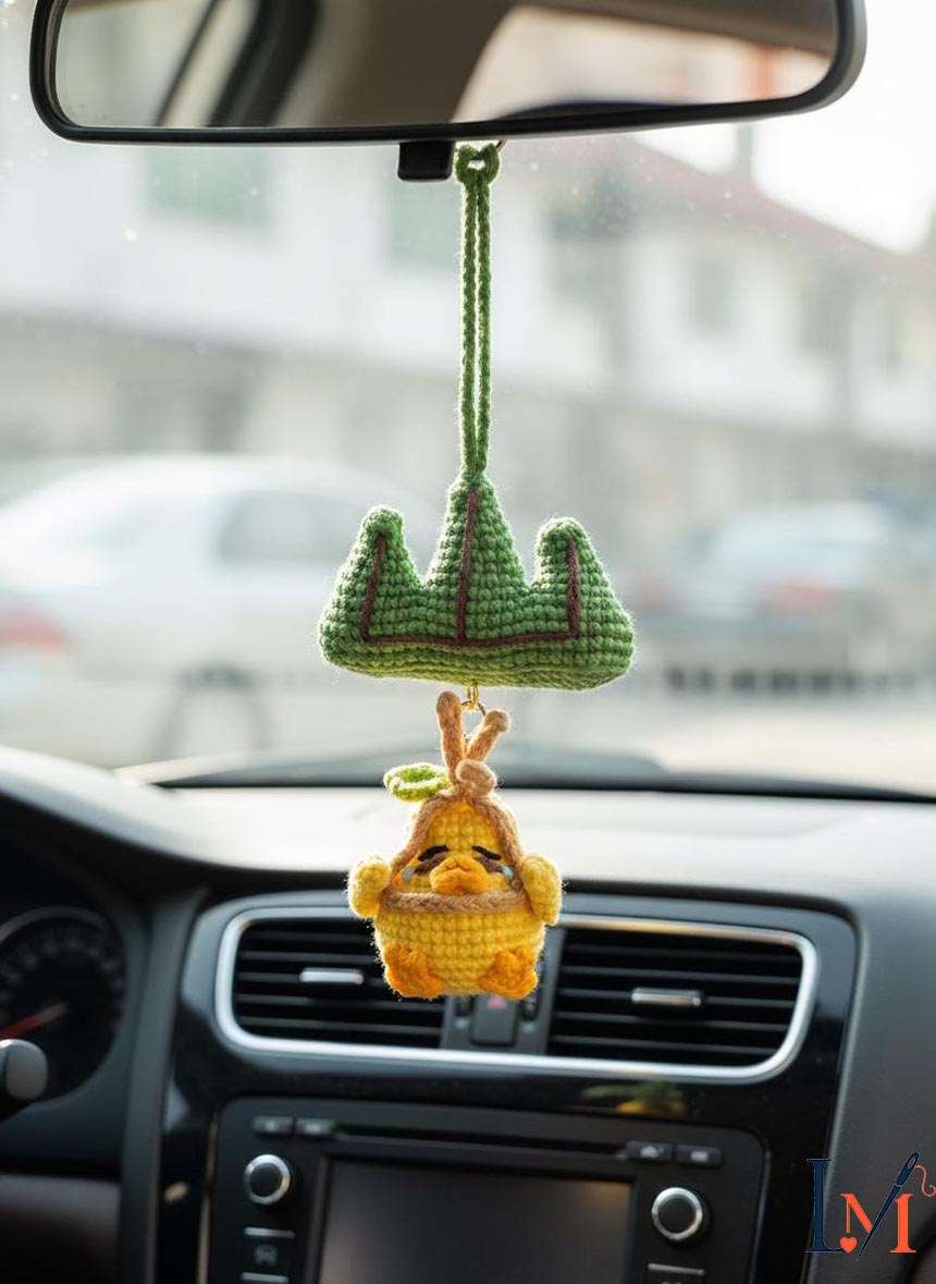 Handmade Sad Duck Car Mirror Hanging Accessory - Mountain Swing Crochet Amigurumi - Crying Duckling Car Decor - Funny Rear View Mirror Charm