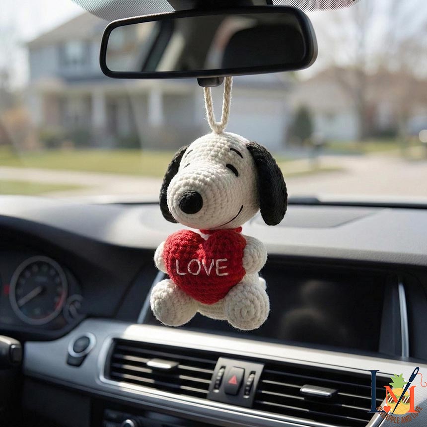 Handmade White Dog Heart Crochet Car Hanging, Cute Valentine Mirror Charm