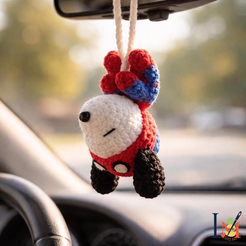Handmade White Dog Crochet Car Hanging, Cute Driving Companion Charm