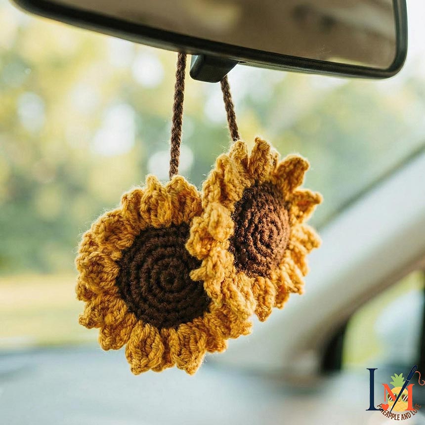 Handmade Paired  Sunflower Crochet Car Hanging, Floral Yarn Figure