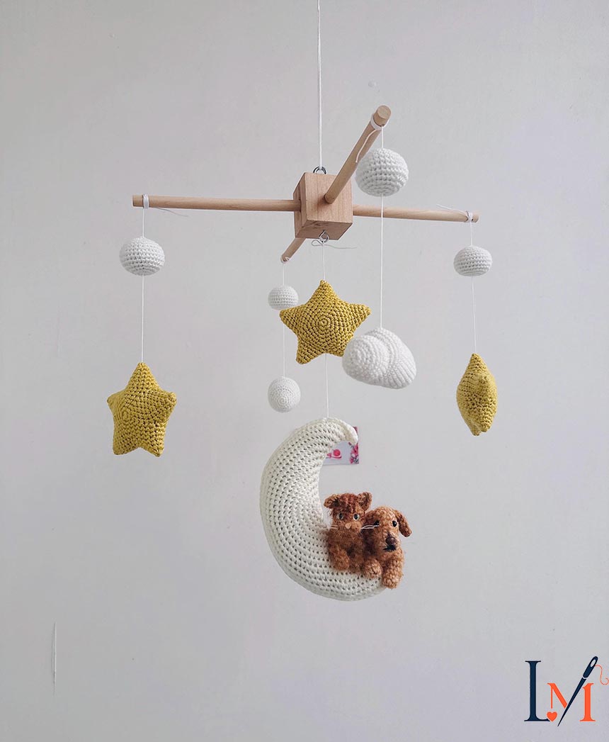 Puppy Dog Baby Mobile, Crochet Crib Mobile, Handmade Nursery Decor, Moon and Star Mobile, Baby Shower Gift, Dog Lover Nursery