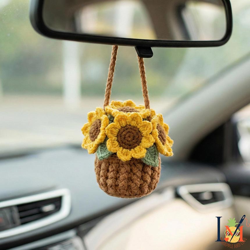 Handmade Sunflower Pot Crochet Car Hanging, Botanical Yarn Decor