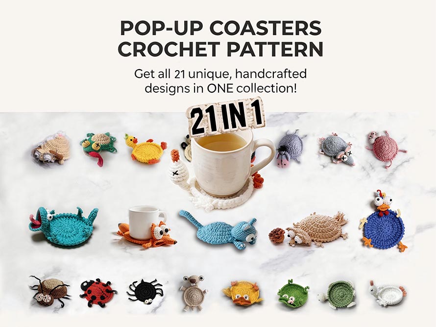 21-in-1 Animal Coaster Crochet Pattern Bundle PDF – Pop-Up Mug Rug, Cat Coaster, Video Support