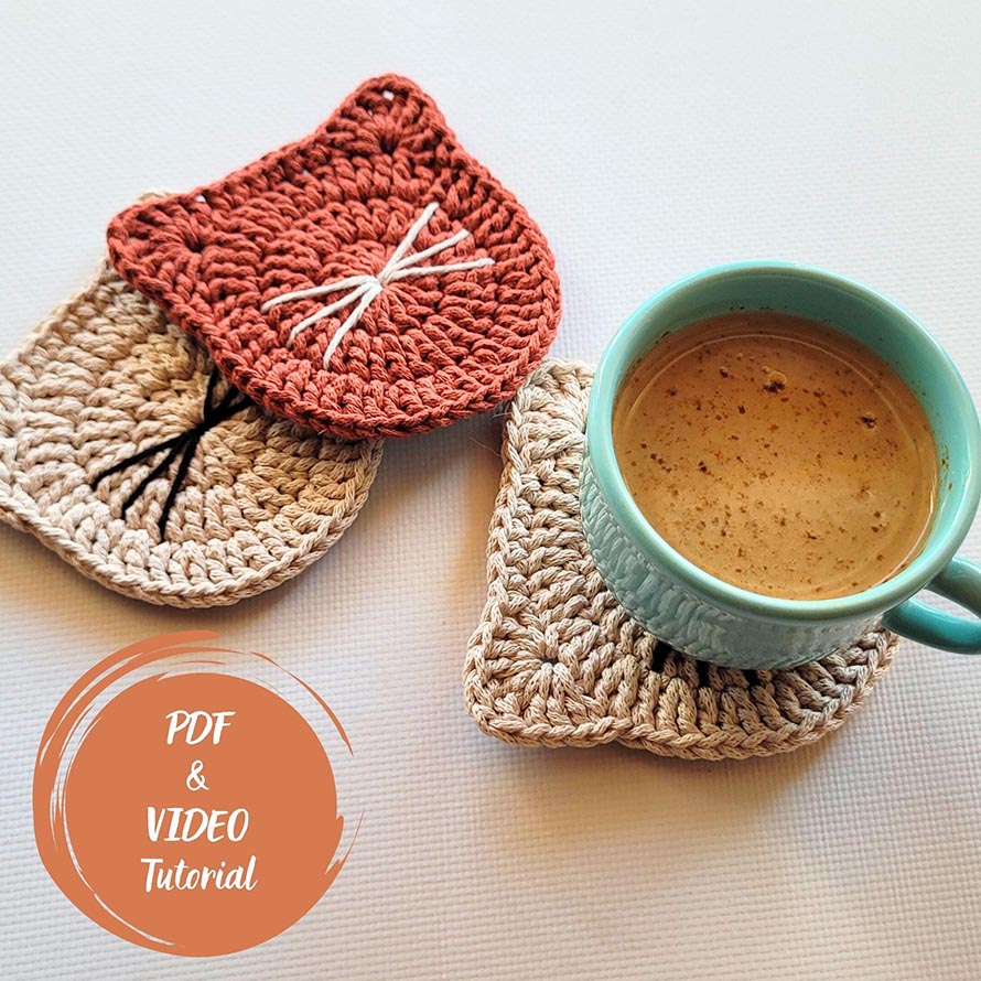 Kitty Coaster Crochet Pattern PDF – Cute Cat Mug Rug, Kawaii Crochet Home Decor, Beginner Amigurumi Style Tutorial, Instant Download
