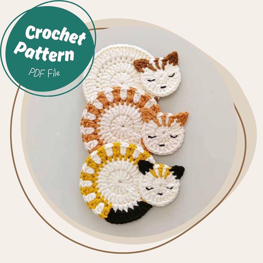 Sleepy Cat Coaster Crochet Pattern Easy Tabby Cat Loaf Kitten Coaster Amigurumi Home Applique Simple Beginner Friendly Step By Step Photos