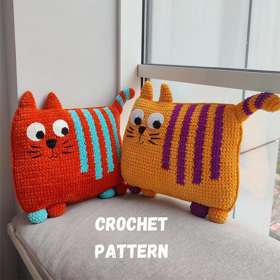 Striped Cat Pillow Crochet Pattern. Crocheted Cat Toy. Home Decor Animal Cushion. Crochet PDF Pattern. Amigurumi Cat. English language
