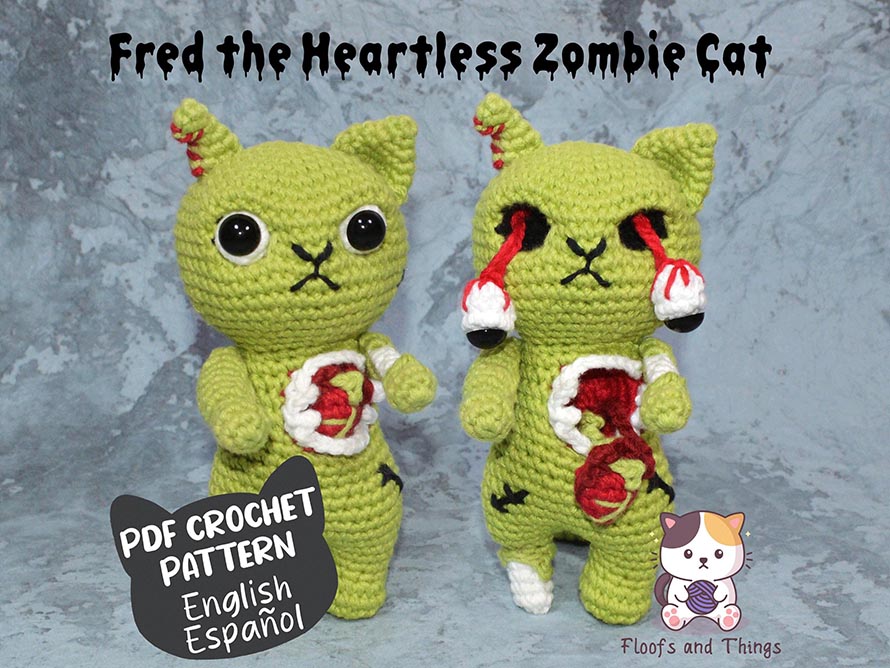 Zombie Cat Interactive Crochet Pattern by Floofs and Things, Halloween Creepy Cute Amigurumi Pattern