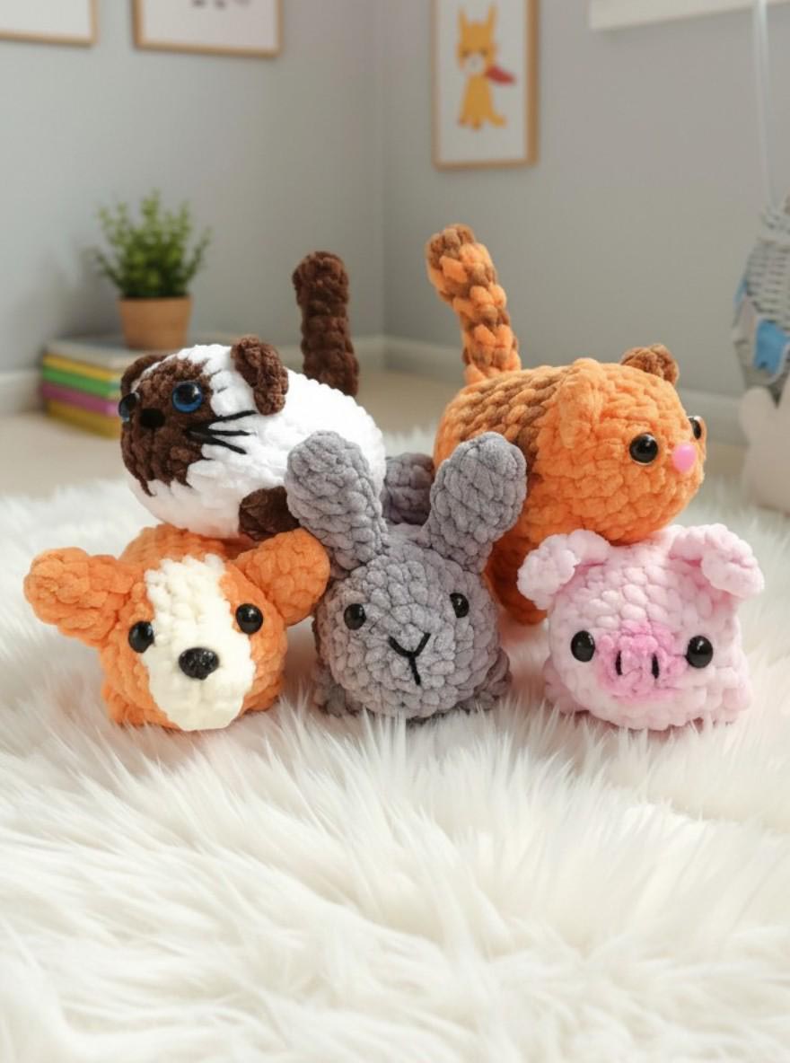 5 Easy Chubby Crochet Patterns No Sew Amigurumi Corgi Tabby & Siamese Cats Pig Bunny